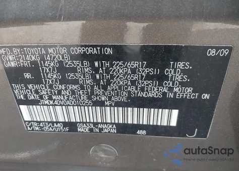 2010 Toyota Rav4 Limited V6 z USA, uszkodzony, nr VIN JTMDK4DV0AD010255